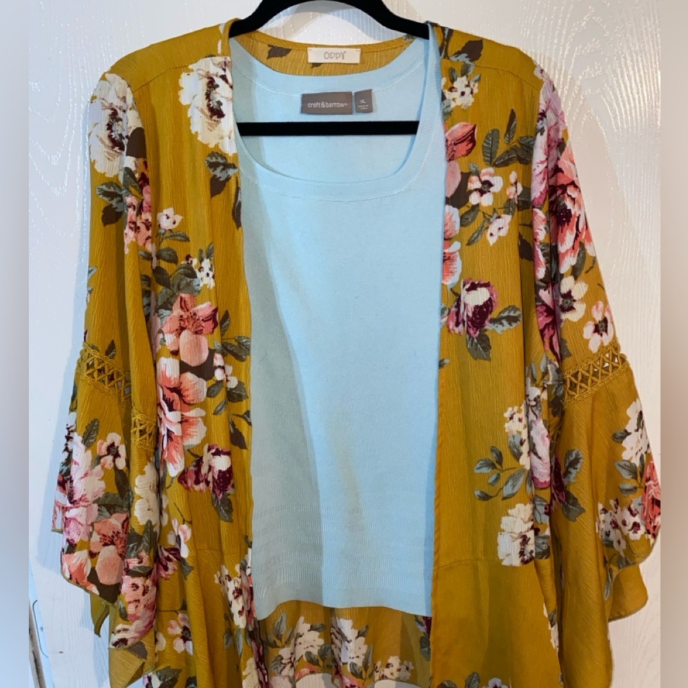 Set: ODDY Mustard Floral Kimono and Croft & Borrow Sleeveless Tank.